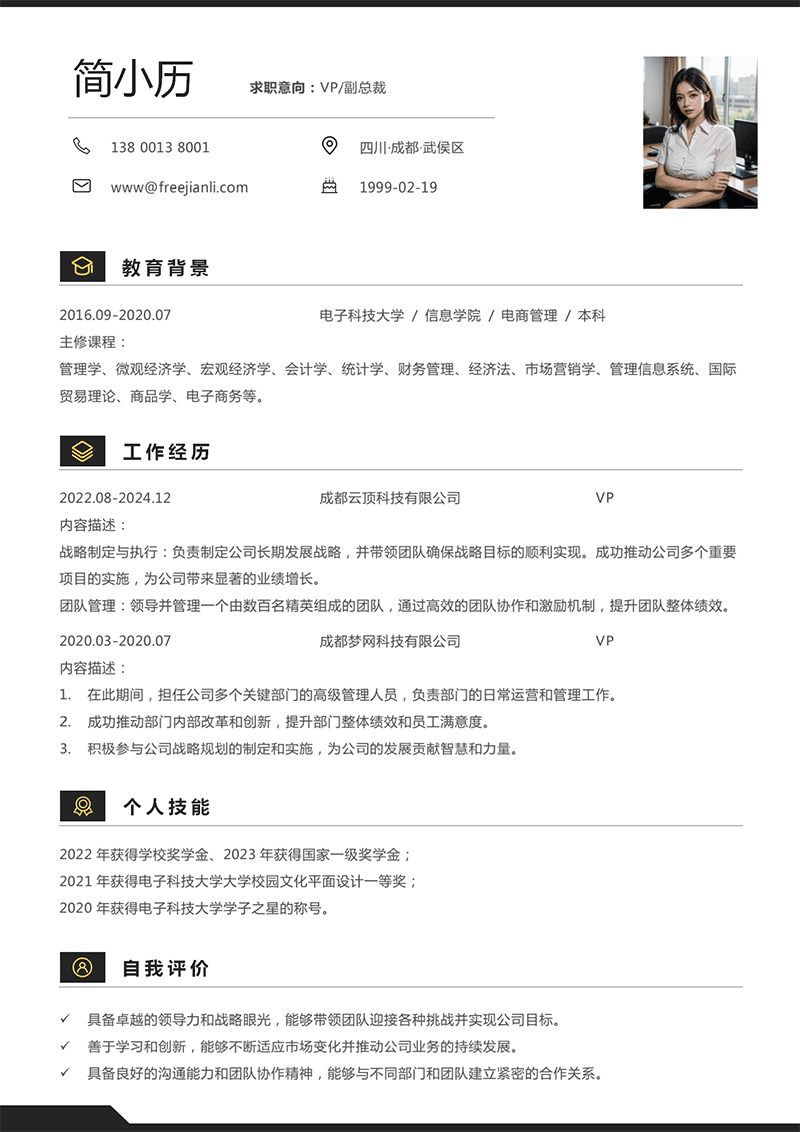 VP/副总裁简历模板